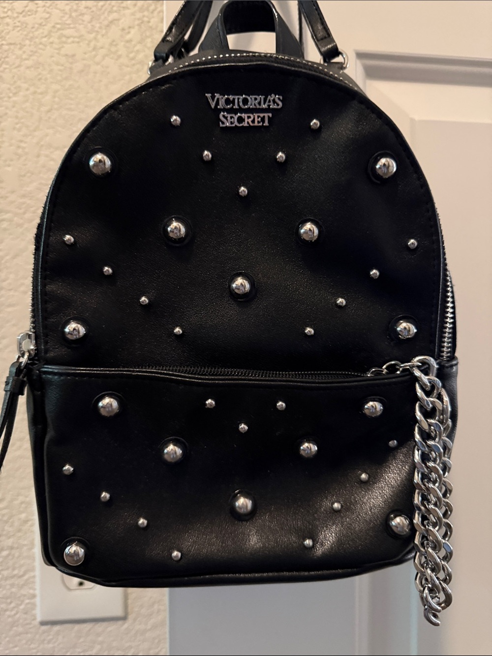NWOT Victoria's Secret Black Mini Backpack with Silver Studs and Chain - Picture 3 of 6